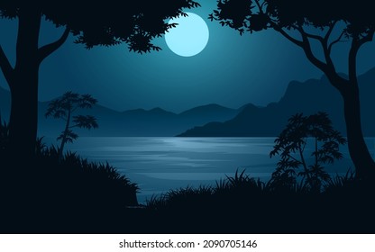 Night time by the lake with moonlight landscape in flat style