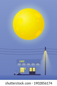 Night time cafe and landscape with full moon background in pastel color vector illustration