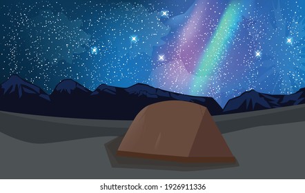 Night time camping under the starry sky with aurora borealis. A camping tent set up in a park near the silhouette of a mountain range. Used for themes on travel, nature and outdoor activities.