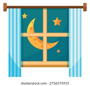 Night time cartoon icon. Star sky in window frame. 