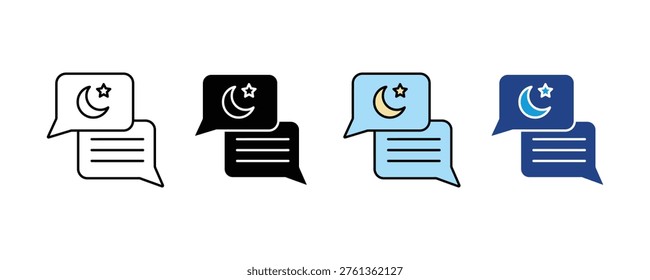 Night time chat bubbles with moon and star celestial icon set. Bedtime messaging and evening communication symbols in multiple styles. Vector Illustration.