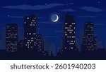 Night time cityscape pixel background. High buildings silhouette with moon, stars and clouds. 2d pixel video game nighttime with modern skyscrapers in city.