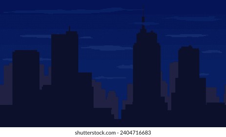 Night time cityscape pixel background. High buildings silhouette with clouds. 2d pixel video game nighttime with modern skyscrapers in city