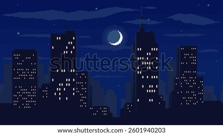Night time cityscape pixel background. High buildings silhouette with moon, stars and clouds. 2d pixel video game nighttime with modern skyscrapers in city.