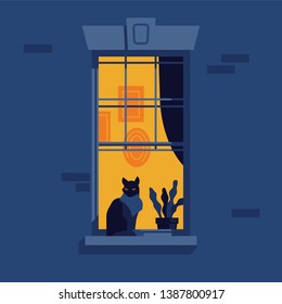 Night Time Concept Illustration With Lit Up Urban City Apartment Window And A Silhouette Of Serious Overlooking Black Cat Sitting On Windowsill Next To A Plant With Abstract Interior On Background