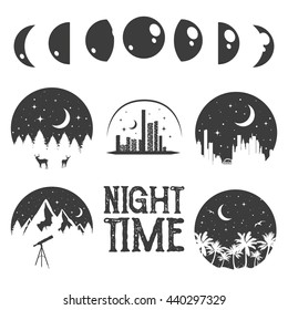 Night time concept labels and emblems in monochrome vintage style. Design elements, icons, logo. City at night.