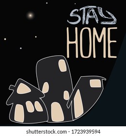 Ciudad de doodle nocturno bajo estrellas. Edificios urbanos y Big Dipper en el cielo. Quédate en casa con la motivación. Estilo de página del libro de dibujo. Diseño decorativo de arañazos y escaramuzas Casas campestres luz de las ventanas