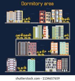 Night time dormitory area color flat illustration