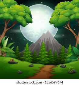 Paisaje del bosque de la noche con una luna llena y un cielo estrellado