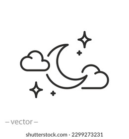 night time icon, moon, clouds with stars, thin line symbol - editable stroke vector illustration