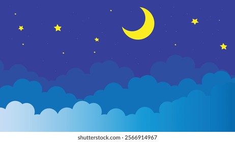 night time illustrator vector design with crescent moon stars and clouds