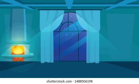 Night time interior view flat vector illustration. Empty room with classic style windowpane and curtains. Firewood burning in fireplace, heating apartment. Elegant house design in moonlight rays 