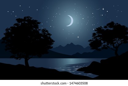 Night Time Lake Moon Stars Stock Vector (Royalty Free) 1474603508