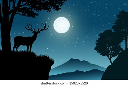 Night time landscape with a deer standing on top of cliff in the moonlight