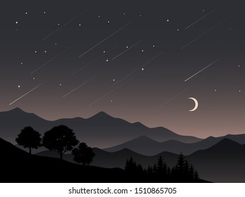night time landscape with forest, mountain and starry sky