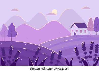 Night Time Landscape Illustration with Cute House and Lavenders