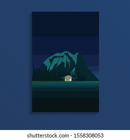 Night time landscape mountain natural view of the mountain range with pine tree and small huts among forest with some light from fire- night time national park landscape view