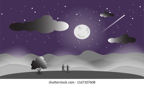 night time landscape mountain view with moon star sky background, vector art and illustration.