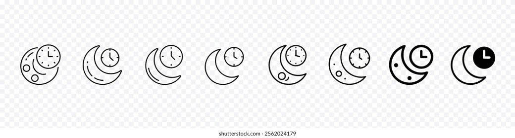 Night time line icon. Wall clock with stars. Sleeping time line icon. Night moon and running clock sign. Night time. Sleeping time icon. Night shift. 