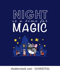 Night is a time for magic concept. Vector illustration of cute hand drawn mouse character burning candles at night time. Fairy tale, magic concept. For kid prints, nursery design, banners etc.