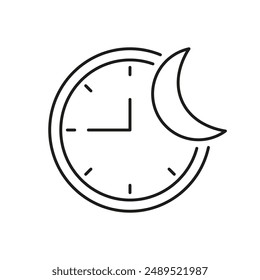 Night Time Mode, Moon with Clock Line Icon. Time Management And Scheduling For Healthy Lifestyle And Wellness. Isolated Vector Illustration.