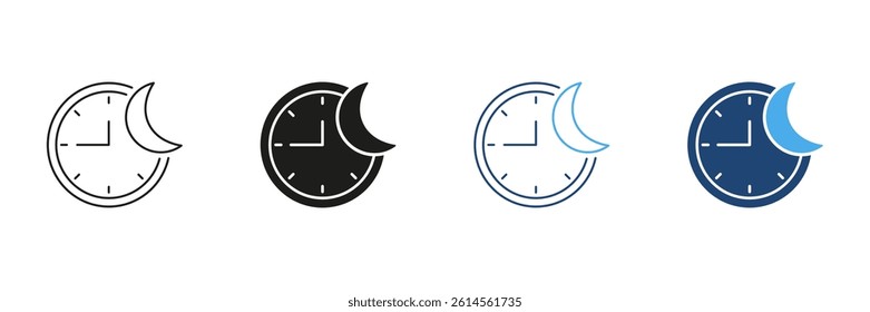 Night Time Mode, Moon with Clock Line and Silhouette Icon Set. Time Management And Scheduling For Healthy Lifestyle And Wellness. Isolated Vector Illustration.