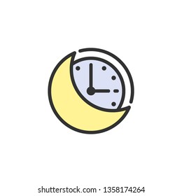 Night time, moon with clock flat color line icon.
