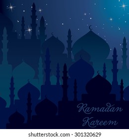 Night time Mosques Ramadan Kareem (Generous Ramadan) card in vector format.