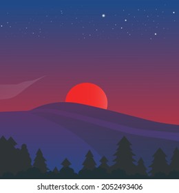 Night Time Mountain Forest With Red Sun And Starry Blue Sky