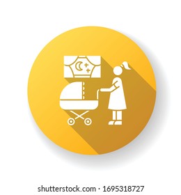 Night time nanny yellow flat design long shadow glyph icon. Mother with baby in stroller. Mom look for sleeping kid. Parenthood and motherhood. Child care. Silhouette RGB color illustration