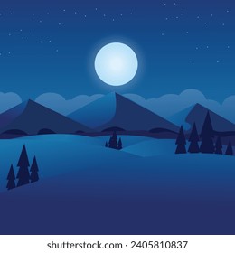 Night time nature landscape in the Countryside with a Full moon and a Stary sky Vector illustration