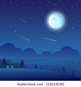 Night time nature landscape with house, full moon and falling stars. Vector illustration