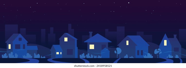 Night time neighborhood landscape. Town houses and big city on the background. Window light