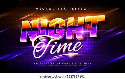Tema de brilho de néon noturno, efeito de texto vetorial editável. Adequado para festa de evento noturno.