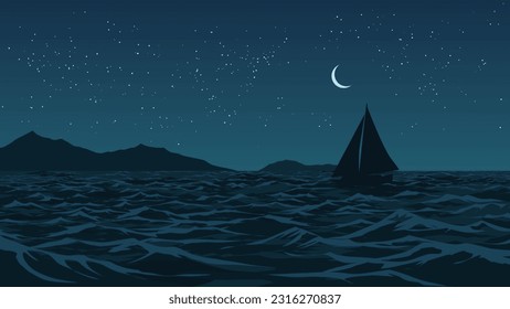 Night time over ocean with a sailing boat