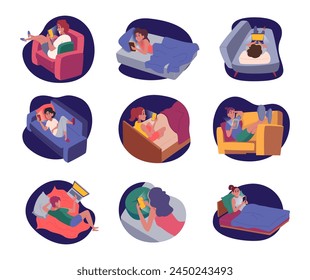 Night time phone. People using cell phones in bed before sleep exact vector illustrations set in cartoon style