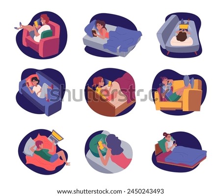 Night time phone. People using cell phones in bed before sleep exact vector illustrations set in cartoon style