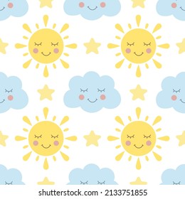 Night time seamless vector pattern. Sleeping sun and cloud background