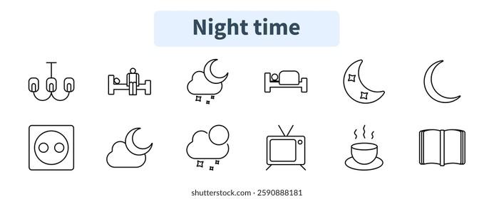 Night time set icon. Chandelier, bedtime, night sky, sleeping, crescent moon, power socket, moon cloud, cloudy night, TV, tea, book