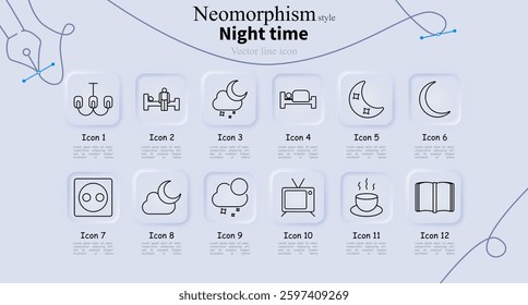 Night time set icon. Chandelier, bed exercise, moon cloud, sleeping, crescent moon, outlet, night cloud, night sky, TV, hot drink, open book.