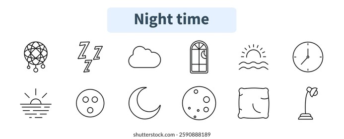 Night time set icon. Dreamcatcher, sleep, cloud, window, sunset, clock, sunrise, moon, full moon, pillow, lamp.