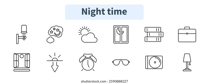 Night time set icon. Wall lamp, dream cloud, sunrise, night window, books, briefcase, smart device, sunset, alarm clock, sleep mask, vinyl record, bedside lamp.