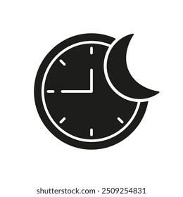 Silhouette-Icon für die Nacht, Uhr mit Mond, Schlafplänen und Schlafroutinen für digitale Anwendungen. Isolierte Vektorgrafik.