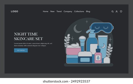 Night Time Skincare Set concept. A collection of bedtime beauty products with calming moon and stars theme. Evening routine essentials for skin health. Vector illustration.