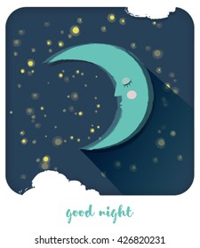 Night time sky, nature landscape with moon, good night vector illustration.