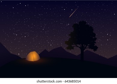 Night time, tent in mountains