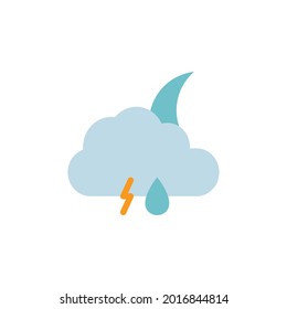 Nachtzeit mit Gewitter und Regen. Flaches Symbol, Wetter und Uhrzeit auf weißem Hintergrund EPS-Vektorgrafik