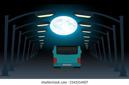 Night Time Urban Road A Bus Is Running And Moon Glowing With City Light.