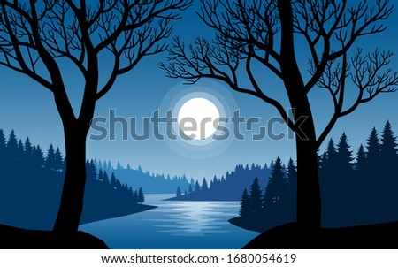 Night time vector illustration with dead trees and pine forest