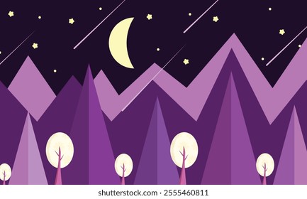 Night time view of beautiful trees in winter, purple tones.